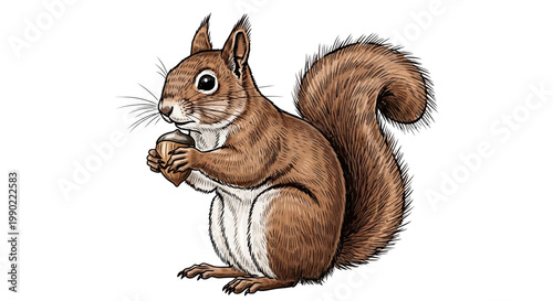 Charming hand-drawn illustration of a brown squirrel with a bushy tail, happily holding an acorn, ideal for nature, wildlife, and children's themed designs and educational materials
