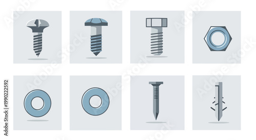 Collection of various hardware elements including screws, bolts, nuts, washers, nails, and anchors