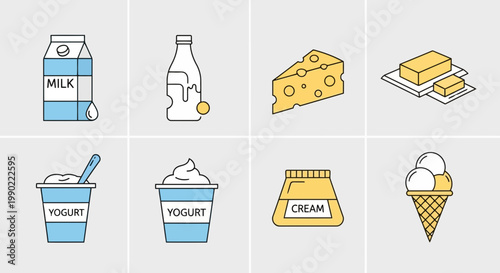 A diverse set of minimalist line art icons showcasing essential dairy products including milk, cheese, yogurt, butter, cream, and ice cream, ideal for various food-themed design concepts