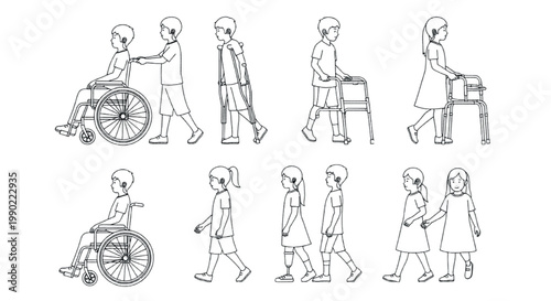 Disabled children line art collection, kids with physical disabilities using wheelchair and crutches, pediatric rehabilitation vector set