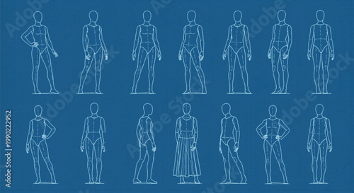 Blueprint fashion croquis set, 14 female body templates for garment design, technical drawing mannequin silhouettes, white line art on blue background
