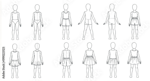 Fashion technical drawing of children body croquis, set of 12 kids apparel templates, front and back view garment design sketches, vector flat sketches