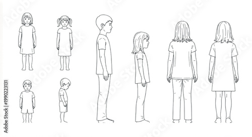 Minimalist line art children character set, black and white outline of kids in front side and back view, simple vector sketches of boys and girls