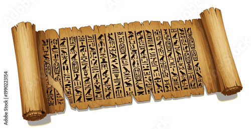 Old textured wide papyrus scroll with ancient egypt hieroglyphics on white
