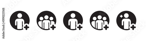 Collection of varied user group symbols with plus sign for adding people to profile or network.
