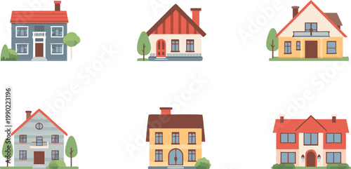 A comprehensive set of 3d real estate icons featuring modern residential home architecture and cottage building symbols for property rent or housing sale illustrations