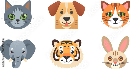 A cute collection of funny cartoon animal heads featuring a dog, cat, tiger, bear, and fox as vector illustration icons for a baby safari wildlife set