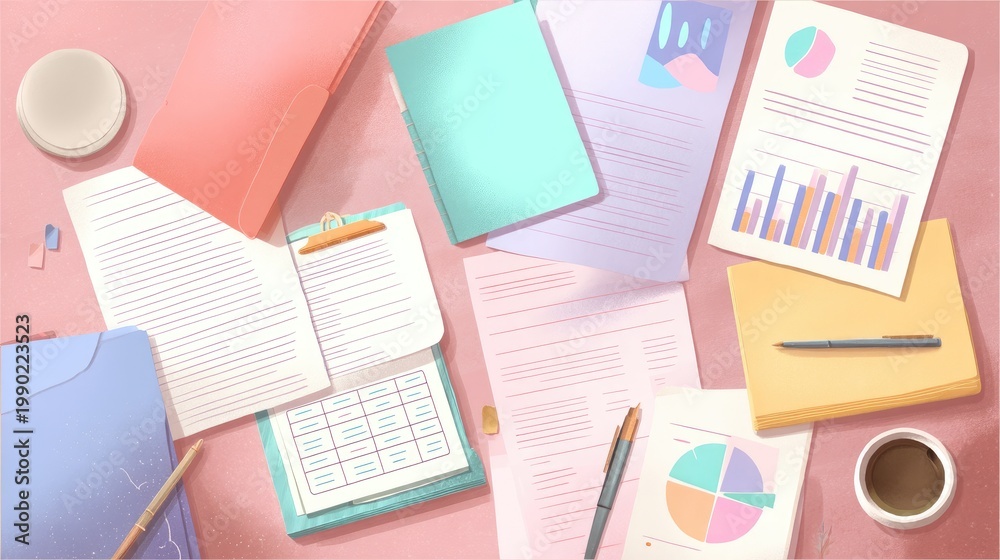Obraz premium Colorful workspace with notebooks, documents, charts, and office supplies arranged on a pink background, ideal for creative and organizational concepts