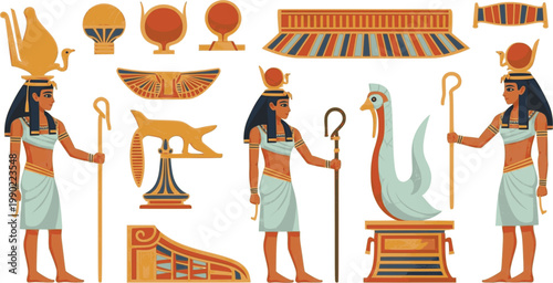 Collection of ancient Egypt culture and mythology elements, flat cartoon style .