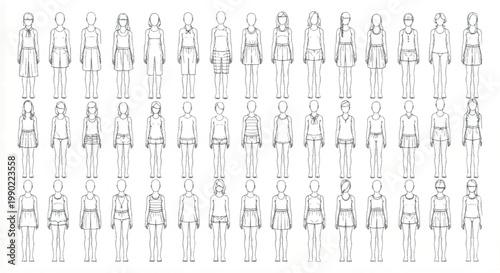 Minimalist female fashion croquis set, 45 standing woman body templates for apparel design, black and white outline vector figures for technical drawing