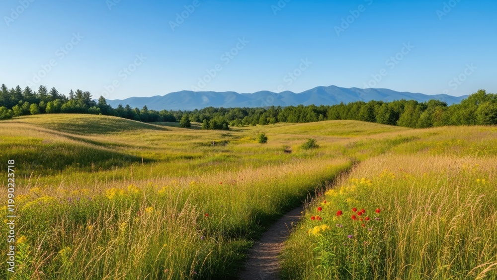 Fototapeta premium A serene landscape of a grassy field with a winding path and distant mountains