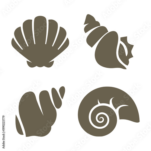 Seashell Icon Set with Various Sea Shell Silhouettes including Scallop and Snail Shells for Marine and Beach Design Vector Illustration
