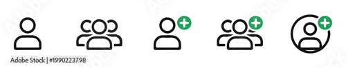 Add person icons in different styles with green plus symbol for new user account group illustration.