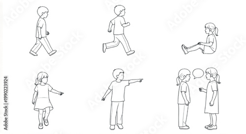 Minimalist line art children character set, black and white vector icons of kids walking running and sitting, simple outline sketches of students