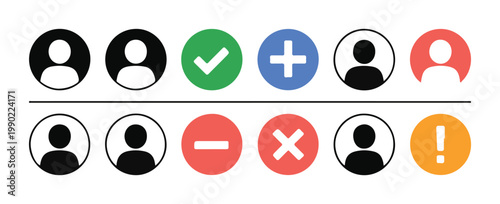 Colorful circular buttons for user interface design featuring profile symbols and action indicators.