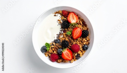 Greek yogurt parfait in white bowl, white background, top view, close-up, minimal food photography, yogurt layers with granola and berries, soft lighting.