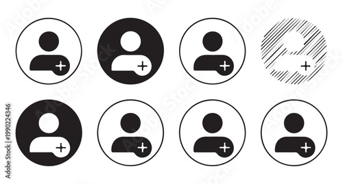 Add user icon set with circular frames, illustrating profile creation and new member addition.