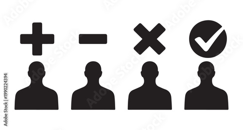 User silhouette icons with plus minus cross and check symbols for add remove actions illustration.