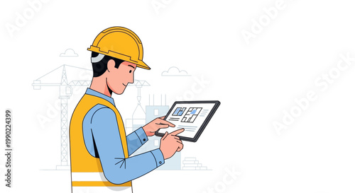 Construction worker with tablet viewing blueprints on site with crane background