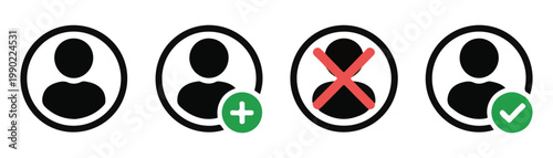 Universal profile management icon set with status indicators for adding deleting and verifying users.