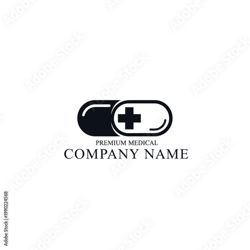 Medical company logo features a premium pill with a cross symbol