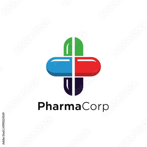 Pharmaceutical company logo featuring colorful pills and PharmaCorp text