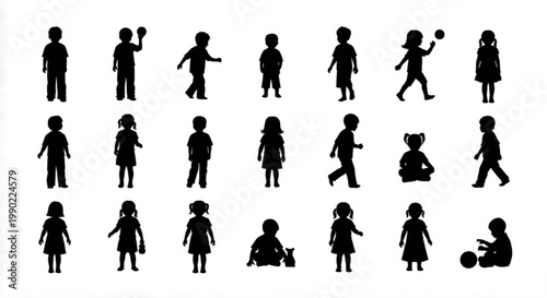 Black children silhouettes set, collection of 21 kids vector icons, diverse boys and girls playing and standing figures, childhood activity flat shapes