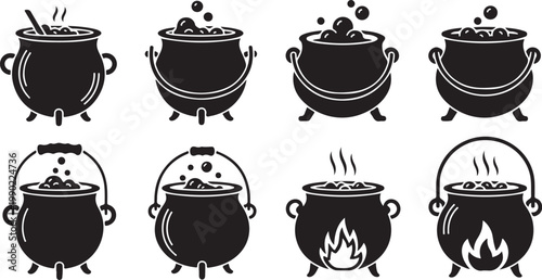 Black cauldron icons, witchcraft symbols, boiling pot graphics, magic signs isolated on Transparent Background
