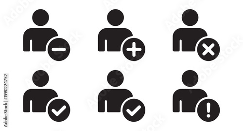 People icons with minus, plus, cross, checkmark, and warning signs for user status.