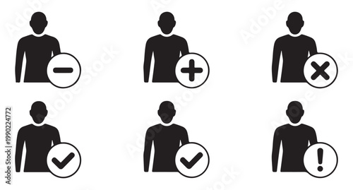 Human user icons set with operations remove add cancel check accept and alert symbols.