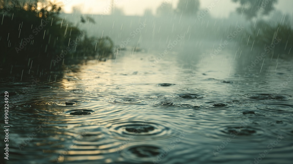 Fototapeta premium Raindrops Falling on Calm Water Surface Surrounded by Mist and Greenery in a Tranquil Natural Setting during a Rainy Day