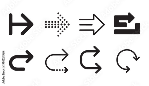 Assortment of black arrow designs including dotted line curved and arrow symbols on transparent background.