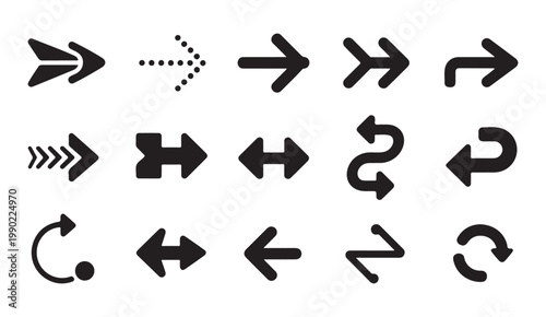 Variety of black arrow icons displaying different styles and directions including double headed arrows.
