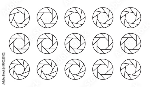 Set of fifteen black camera shutter icons showing various aperture settings and designs.
