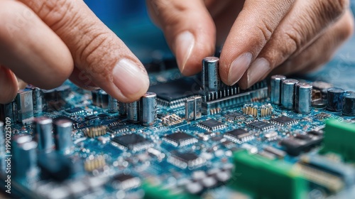 Close-up of hands assembling electronic circuit board.