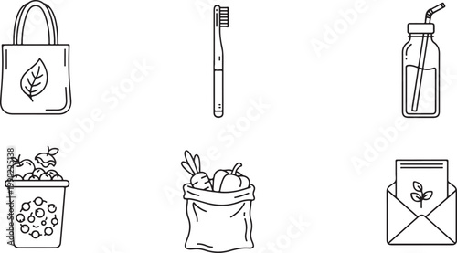 Eco friendly lifestyle icons with reusable bag and toothbrush and glass bottle