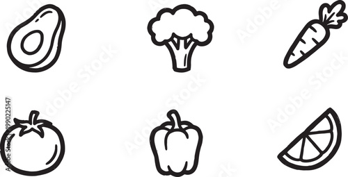 Hand drawn vegetable and fruit icons in black and white line art style
