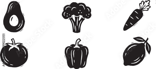 Black and white illustrations of various vegetables and fruits for healthy eating and nutrition