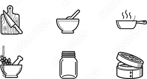 Kitchen cooking utensils and food preparation icons set on white background