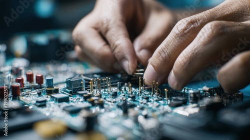 Close-up of hands assembling electronic circuit board.