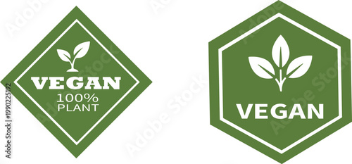 Vegan labels with plant icons and green color scheme for food products  eco friendly