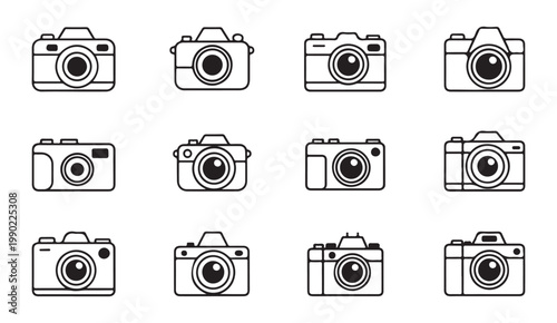 Set camera line art icons vintage retro style professional equipment modern vector.