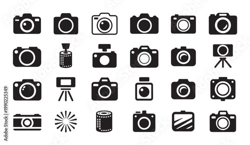 Set of 24 camera icons and photography related symbols, including film roll and lens flare, in black on a transparent background for graphic design.