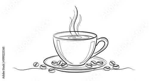 Cup coffee icon with steaming swirl above saucer and scattered roasted beans line art for café branding and menu designs