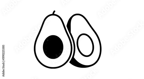 Avocado fruit icon with cut open halves and minimal line art, graphic resource for healthy food menus and wellness branding