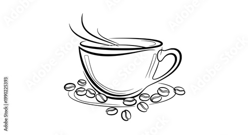 Cup coffee icon with steam rising above a hot brew, surrounded by coffee beans, line art for menu and café branding