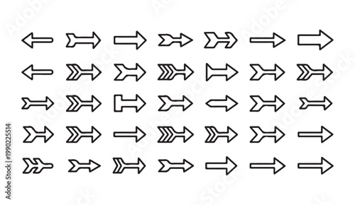 Set of black outlined arrows isolated on transparent background next pointers direction vector illustration.