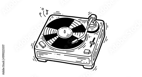 Vinyl record player doodle with spinning black disk, rotary knobs and vintage turntable crosshatch lines