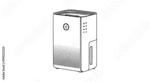 Air purifier icon with power button and ventilation grid, minimal line art style for clean air and home hygiene signage