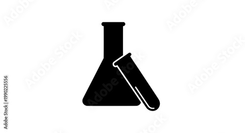 Beaker laboratory glass icon with pipette and liquid drop, flat vector style for science education posters and UI graphics